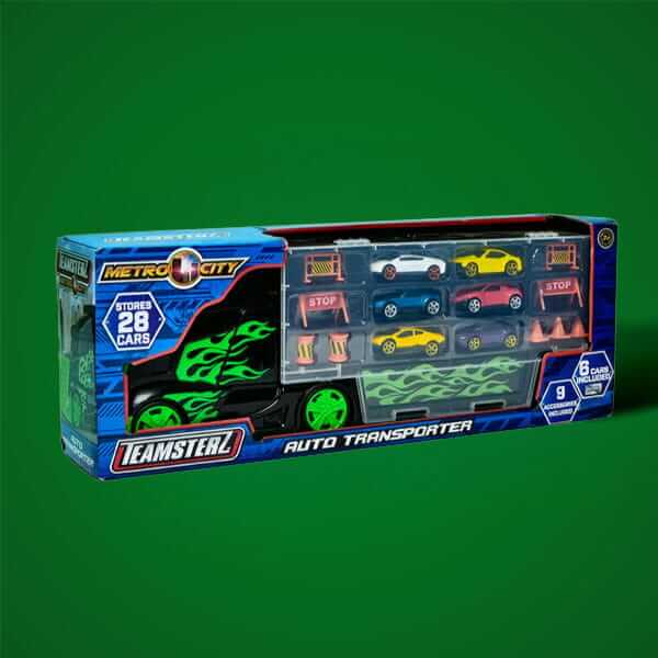 Teamsterz auto transporter toy truck with multiple miniature cars and accessories, displayed in branded packaging against a green background.